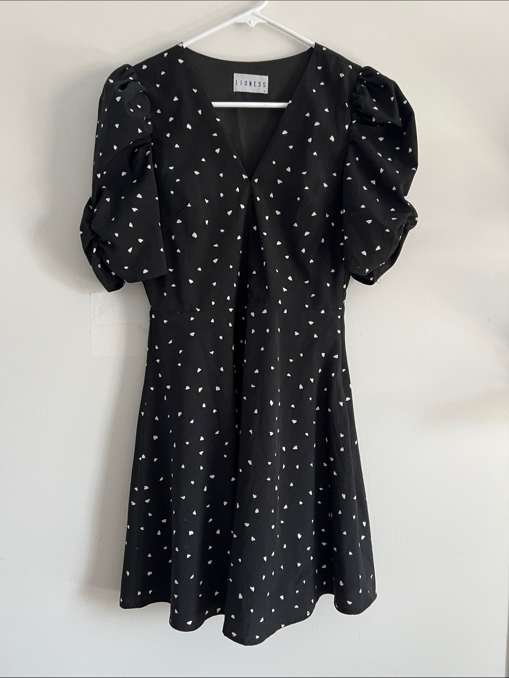 Lioness Black Mini Dress with White Heart Print and Puff Sleeves